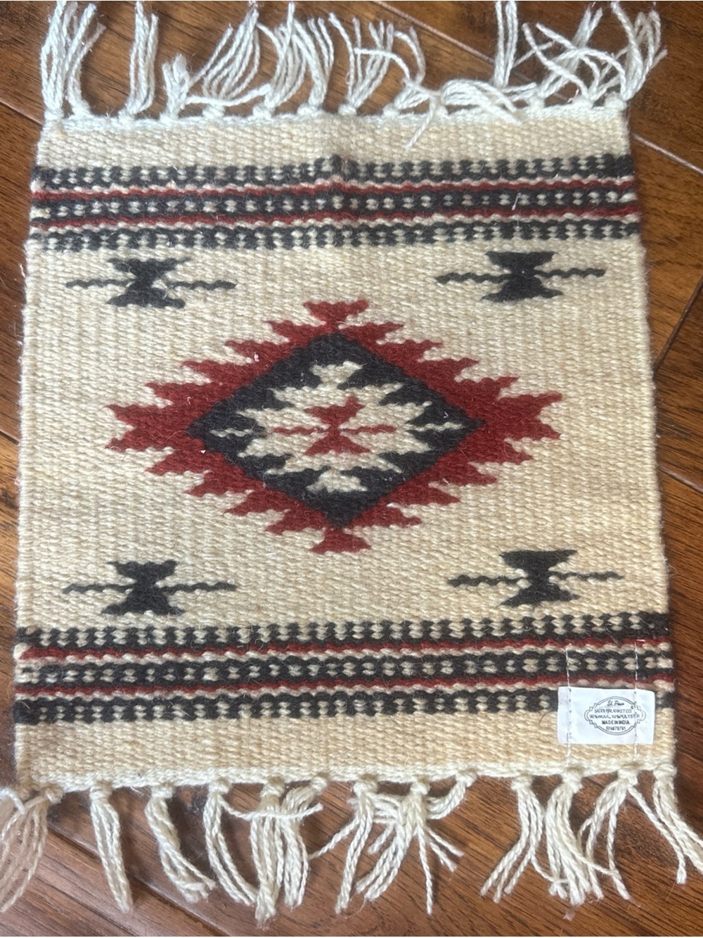 Handwoven Cream and Red Southwestern Wool Accent Art Aztec